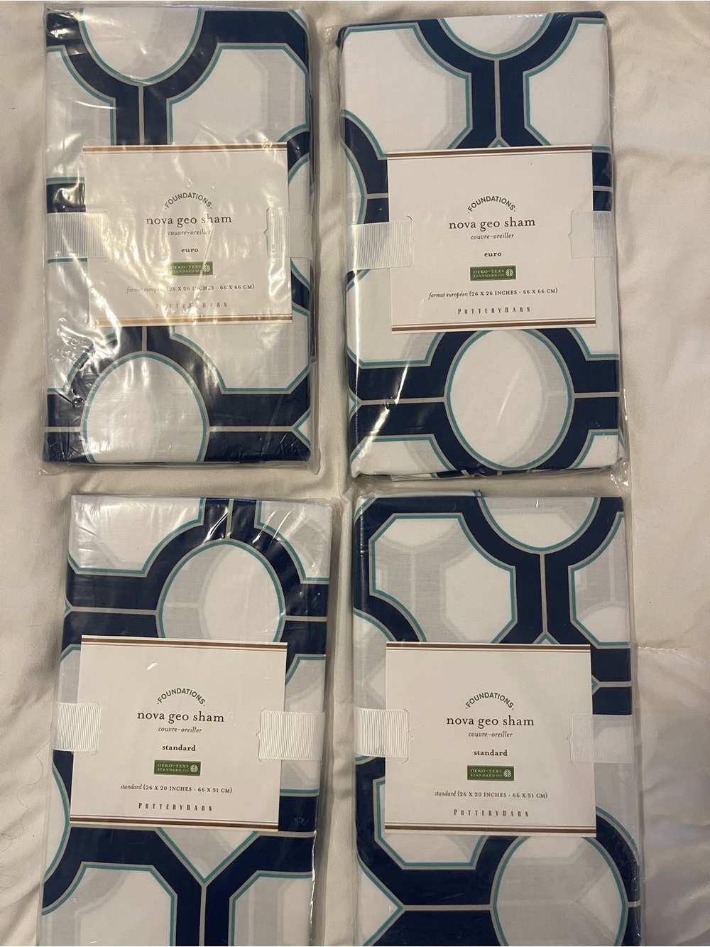 Pottery Barn Nova Geo Sham Set in Navy and White with Teal Accents